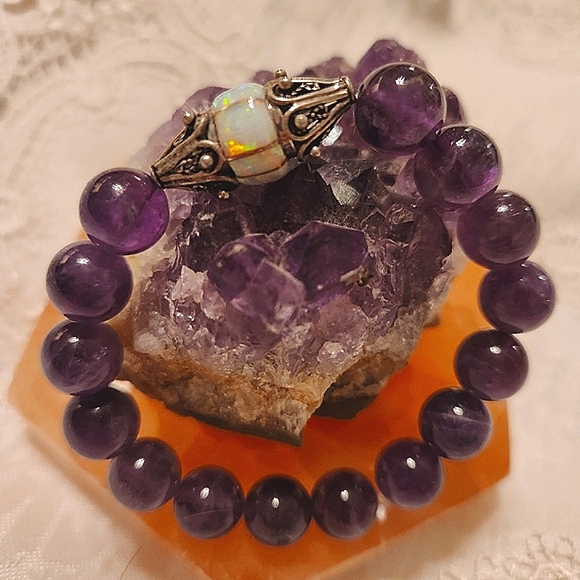 Fire Opal, Stretch 8mm HQ Amethyst Bracelet and a 925 High-quality Fire Opal - Picture 1 of 7